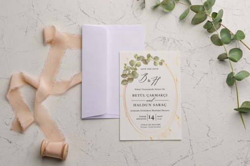 Invitatie de nunta cu frunze, cu plic alb, 115x175mm – 9205