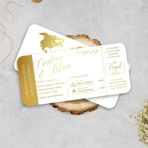 Invitatie de nunta tip bilet de avion cu detalii aurii – tematica calatorie