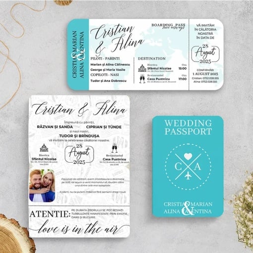 Invitatie de nunta tip pasaport turcoaz si boarding pass – tematica calatorie
