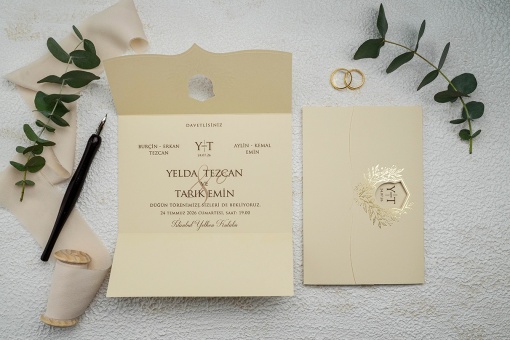 Invitatie de nunta vintage, ivoire cu elemente aurii, 180x280mm – 9158