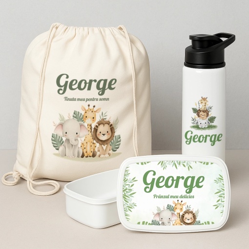 Set “Prima zi de gradinita” model safari- saculet, sticla de apa si lunchbox