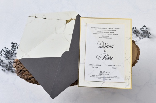 Invitatie de nunta, cu chenar auriu si plic gri, 145x207mm – 1175