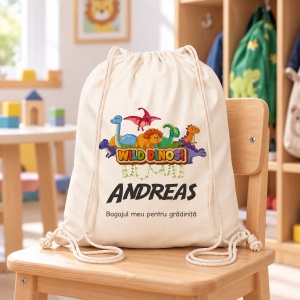 Saculet personalizat pentru gradinita cu nume - dino