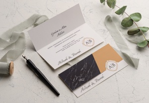 Invitatie de nunta economica, negru cu portocaliu, 105x218mm – 9243