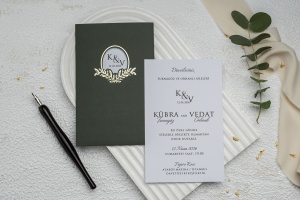 Invitatie de nunta eleganta, alb si verde, cu elemente aurii, 108x173mm – 9163,1,Creativ.ro