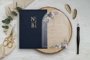 Invitatie de nunta semirotunda semitransparenta (transparent mat), cu plic bleumarin/navy, 135x193mm – 9369