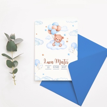 Invitatie de botez ursulet cu baloane, 128x178mm, fara plic - BZ0033,1,Creativ.ro