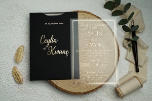 Invitatie de nunta 9371 cu plic negru, semitransparenta - transparent mat, 135x193mm