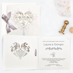 Invitatie de Nunta Gravura Inima, 150x150mm cu Plic si Panglica – 39749,1,Creativ.ro