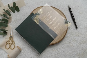 Invitatie de nunta transparenta, cu frunze si plic verde, 135x193mm – 9258,2,Creativ.ro