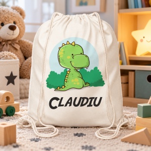 Saculet personalizat pentru gradinita cu nume - dinozaur