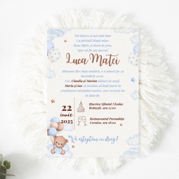 Invitatie de botez ursulet cu baloane, 128x178mm, fara plic - BZ0033,2,Creativ.ro