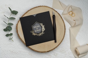 Invitatie de nunta, transparenta, cu ambalaj negru si auriu, 150x150mm – 9272,1,Creativ.ro