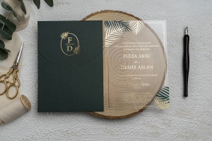 Invitatie de nunta transparenta, cu frunze si plic verde, 135x193mm – 9258,3,Creativ.ro