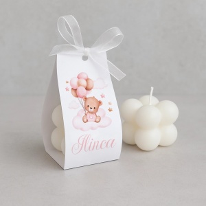 Marturii botez - lumanare cu ambalaj din carton ursulet roz