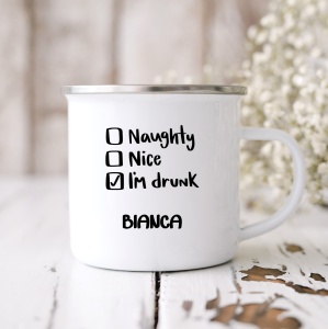 Cana metalica personalizata cu nume Naughty, Nice, Drunk
