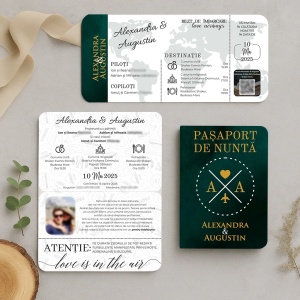 Invitatie de nunta tip pasaport deep green si boarding pass – tematica calatorie,2,Creativ.ro