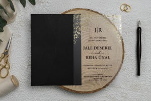 Invitatie de nunta transparenta, cu frunze aurii si plic negru, 135x193mm – 9214,1,Creativ.ro