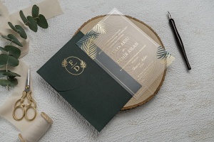 Invitatie de nunta transparenta, cu frunze si plic verde, 135x193mm – 9258,4,Creativ.ro