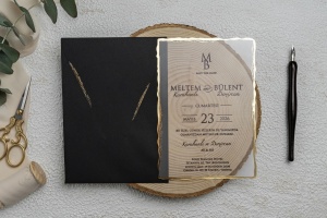 Invitatie de nunta transparenta mat - semitransparenta, cu margine aurie si plic negru cu margini aurite, 135x193mm – 9261,1,Creativ.ro