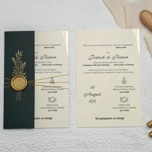 Invitatie de nunta verde, cu elemente aurii si snur auriu, 124x189mm – 9279,1,Creativ.ro