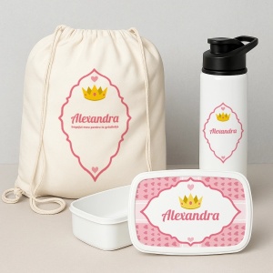Set “Prima zi de gradinita” model printese- saculet, sticla de apa si lunchbox