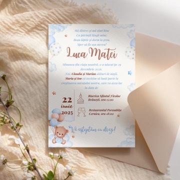 Invitatie de botez ursulet cu baloane, 128x178mm, fara plic - BZ0033,4,Creativ.ro