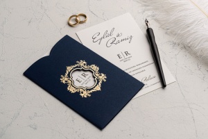 Invitatie de nunta eleganta, alb cu albastru si elemente aurii, 108x173mm – 9162,2,Creativ.ro