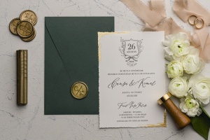 Invitatie de nunta eleganta colturi aurii si cu plic verde, 135x193mm – 9193,8,Creativ.ro