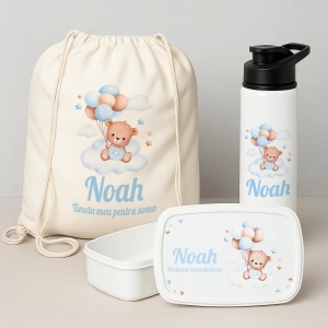 Set “Prima zi de gradinita” pentru baieti cu ursuleti - saculet, sticla de apa si lunchbox