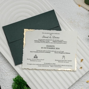 Invitatie de nunta, cu colturi aurii si plic verde, 100x135mm – 9319,1,Creativ.ro