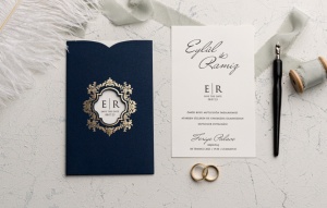 Invitatie de nunta eleganta, alb cu albastru si elemente aurii, 108x173mm – 9162,3,Creativ.ro