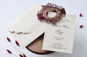 Invitatie de nunta eleganta, cu plic si element grena cu auriu, 144x207mm – 1114,1,Creativ.ro