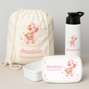 Set “Prima zi de gradinita” pentru fetite cu ursuleti - saculet, sticla de apa si lunchbox
