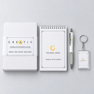 Set corporate cu pix, carnetel A6 si breloc personalizate cu logo