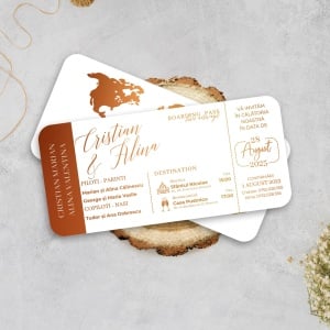 Invitatie de nunta tip bilet de avion cu detalii aurii – tematica calatorie,2,Creativ.ro