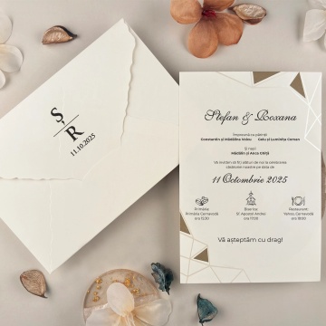 Invitatie de nunta alba cu accente geometrice aurii si design modern premium – 13324,1,Creativ.ro