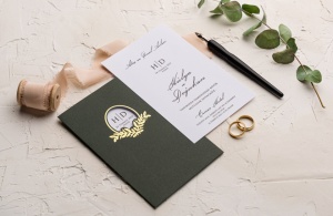 Invitatie de nunta eleganta, alb si verde, cu elemente aurii, 108x173mm – 9163,2,Creativ.ro