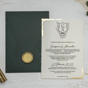 Invitatie de nunta eleganta colturi aurii si cu plic verde, 135x193mm – 9193,4,Creativ.ro