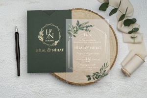 Invitatie de nunta semitransparenta (transparent mat), cu plic verde, 135x193mm – 9366