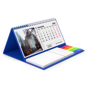 Calendar de birou cu notite personalizat, suport albastru