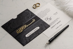 Invitatie de nunta eleganta, alb-negru, cu element auriu, 145x145mm – 9179,3,Creativ.ro