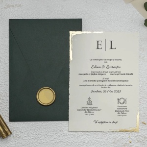 Invitatie de nunta eleganta colturi aurii si cu plic verde, 135x193mm – 9193,5,Creativ.ro