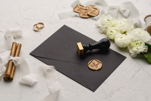 Invitatie de nunta eleganta cu colturi aurii si plic negru, 135x193mm – 9192,7,Creativ.ro