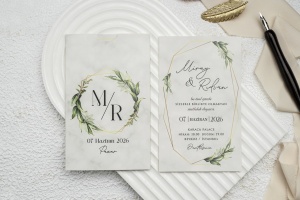 Invitatie de nunta minimalista, alb marmorat cu frunze, 97x159mm – 9182