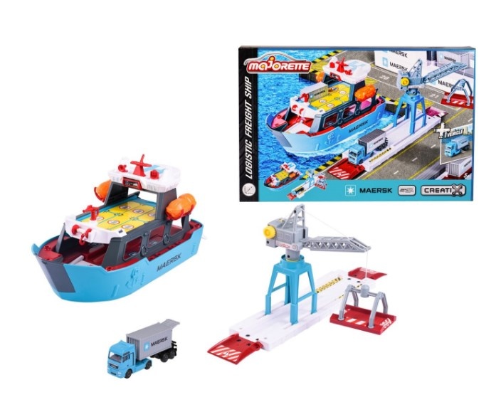 Set Majorette Creatix Logistic Freight Ship, Vapor Maersk, Camion