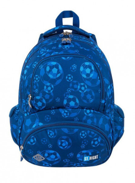 Ghiozdan Scolar 4 Compartimente, Ergonomic, Impermeabil, Colectia St.Right - Blue Soccer Balls BP07, 42x30x20cm