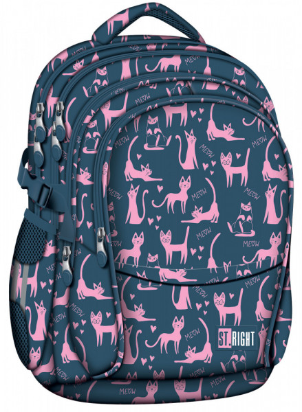 Ghiozdan Scolar 4 Compartimente, St.Majewski, Ergonomic, Impermeabil, Colectia St.Right - Lazy Cats BP01, 43x32x21cm