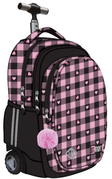 Ghiozdan Troler, St.Right, Roti Silicon, Impermeabil, Pink Checkered TB01, 44x32x25cm