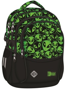 Ghiozdan Scolar St.Right BP01 Green Aliens, 4 Compartimente, Ergonomic, 43x32x21cm